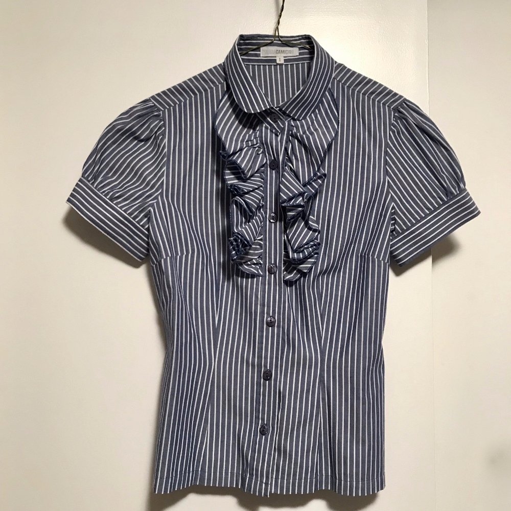 Nara Camicie Blue Stripe Front Ruffle Short Sleeve